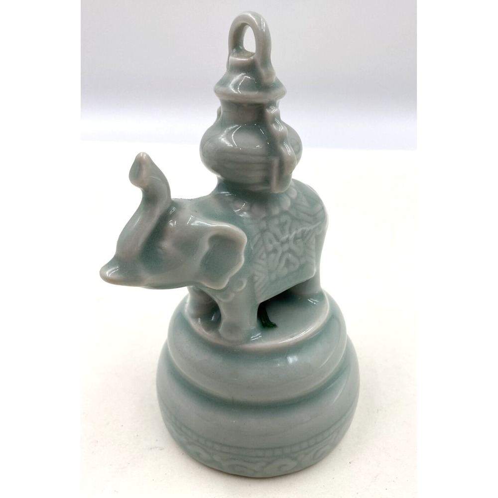 Vintage Celadon Ceramic Elephant Bell Figurine Pale Green 5.5 Inch Glazed